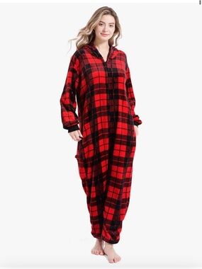 Cozy Red & Black Plaid Hooded One-Piece Pajamas